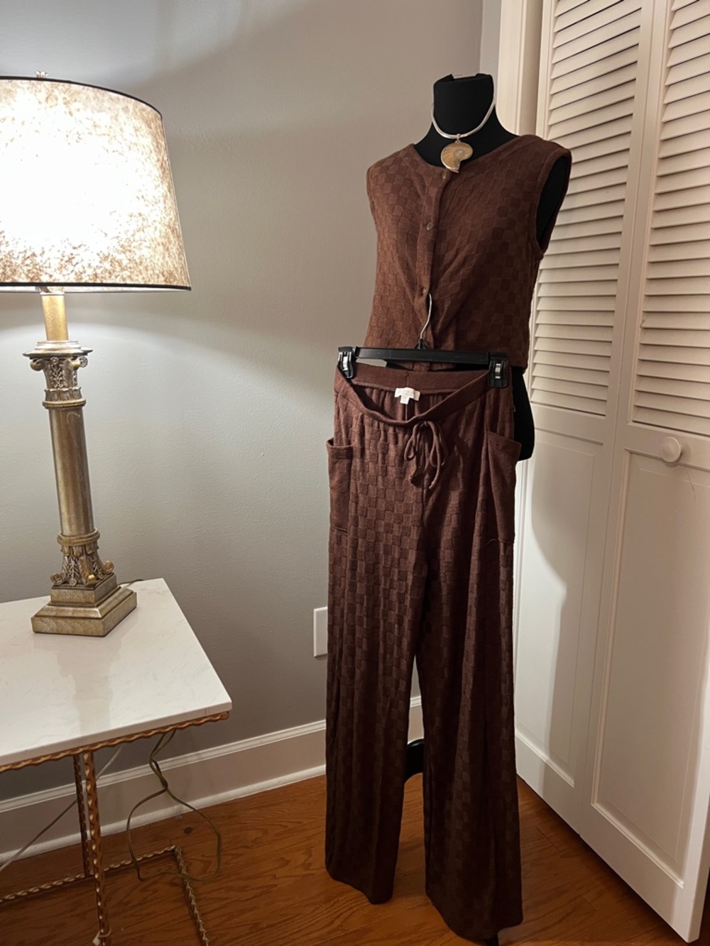 Cozy Brown Textured Pants & Sleeveless Top Set